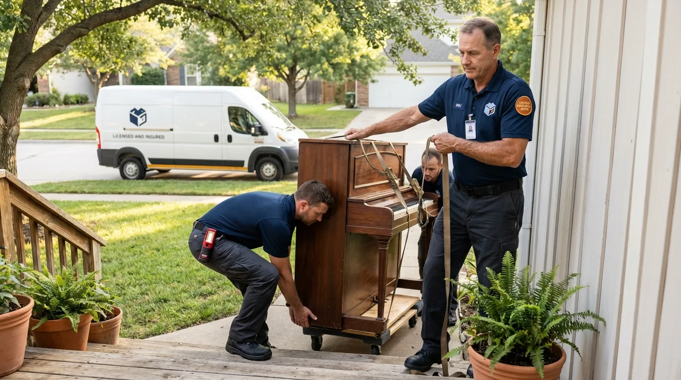 Licensed piano movers securing grand piano in Bridgeville, DE