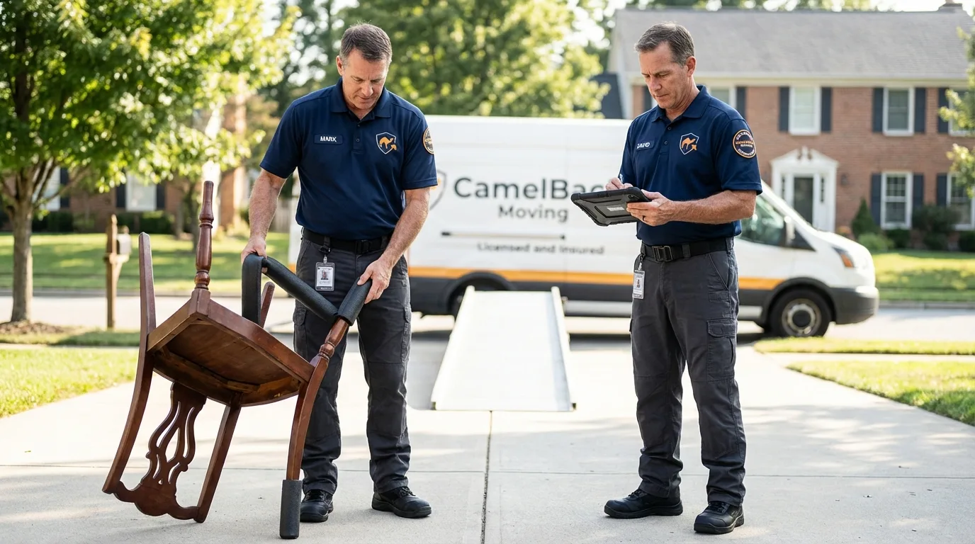 Movers inspecting furniture for damage prevention before loading in Bridgeville, DE