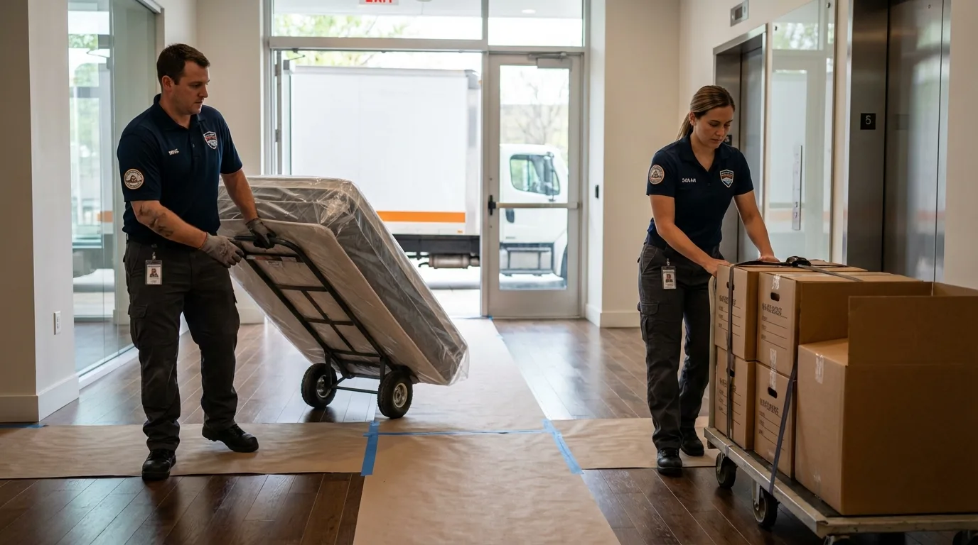 Professional apartment movers loading elevator in Bridgeville, DE